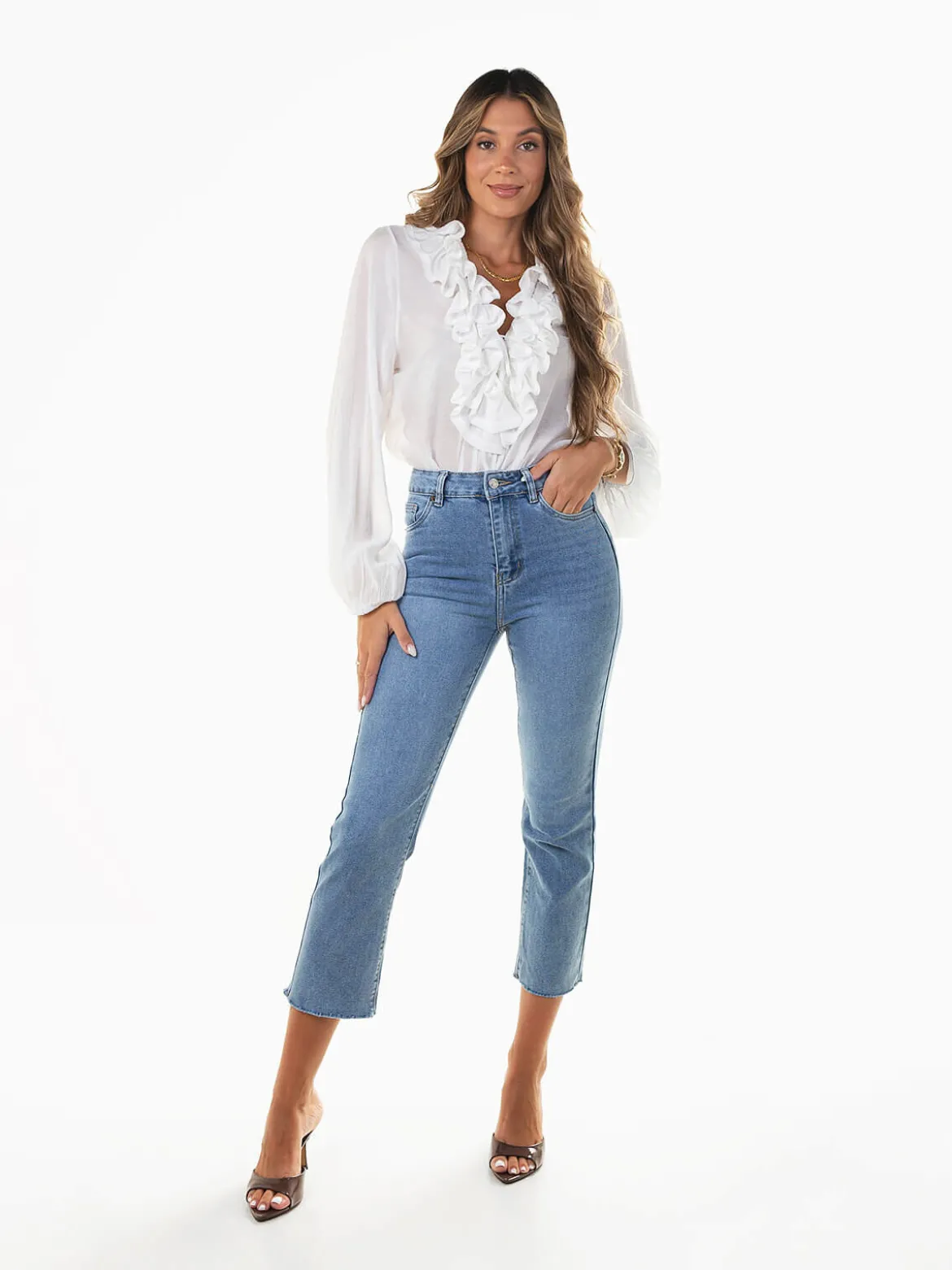 Calças ganga azul claro mom fit