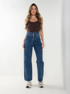 Calças ganga wide leg com 2 botões