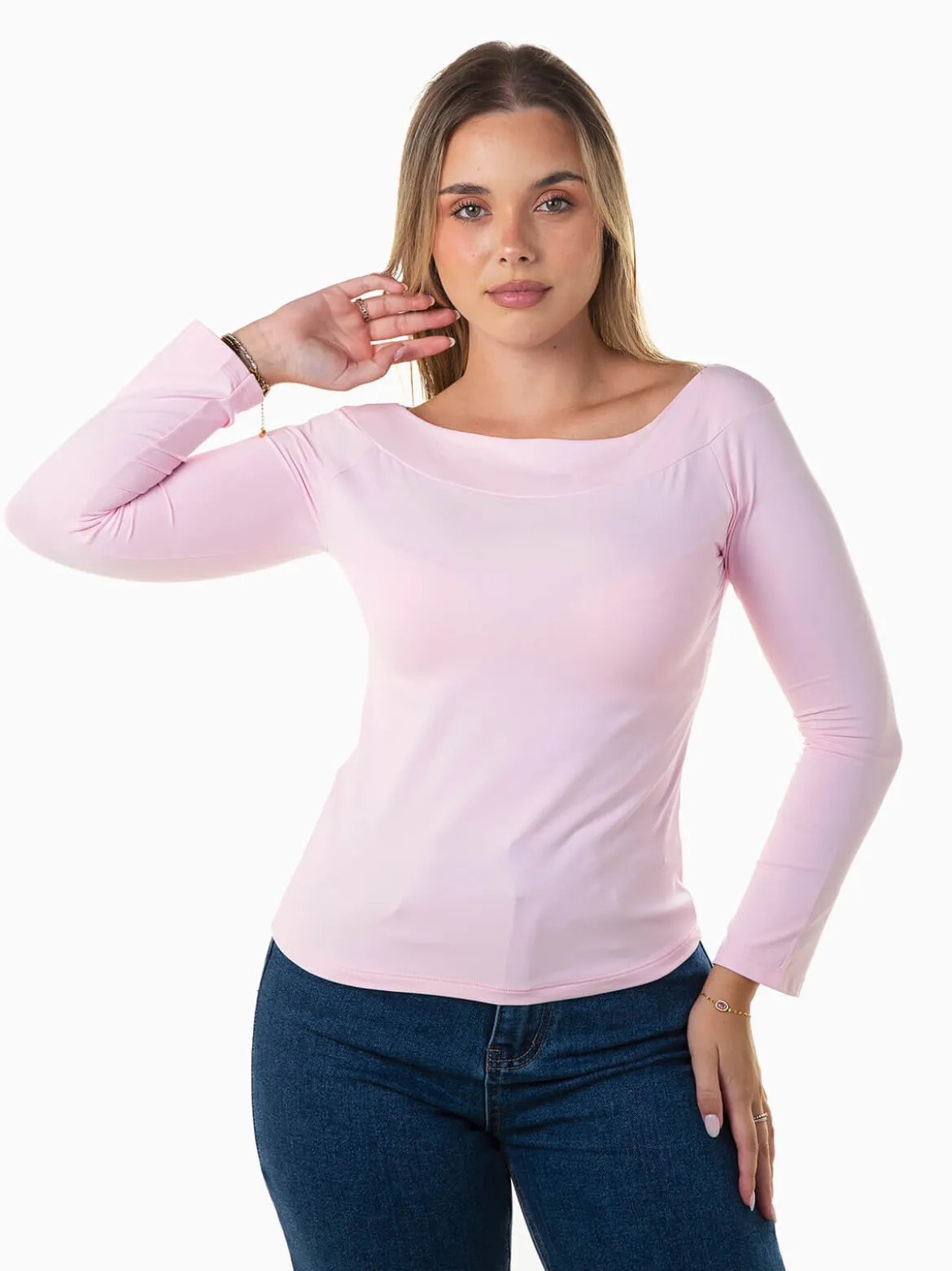 Camisola elástica decote barco
