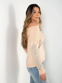 Camisola malha bege ombros descobertos