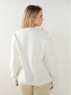 Camisola malha em V com botões dourados