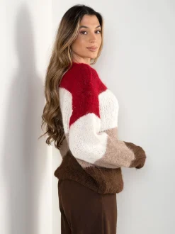 Camisola malha oversized color block em V
