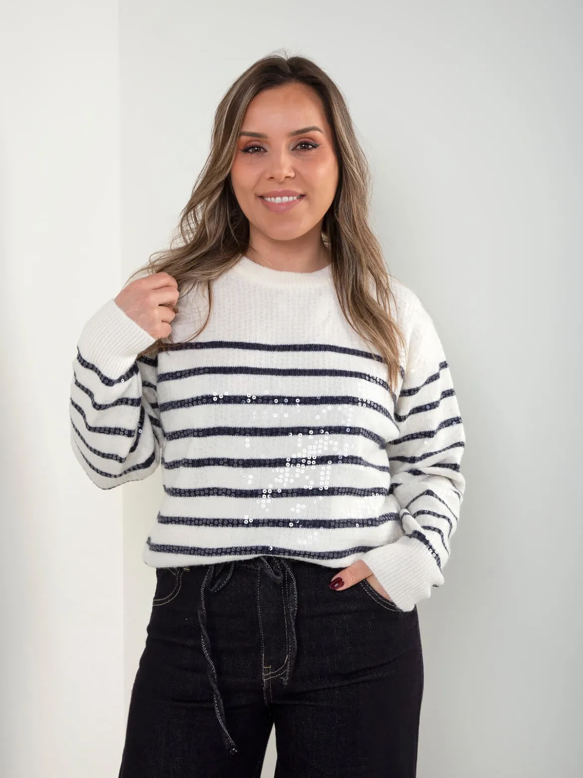 Camisola malha riscas com lantejoulas
