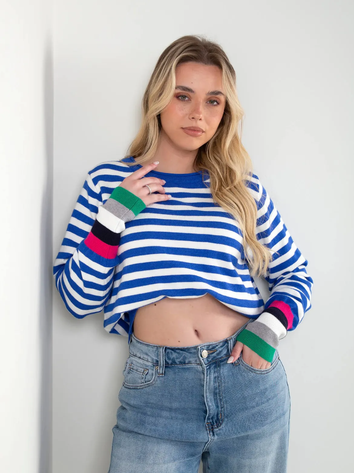Camisola malha riscas punhos contrastantes