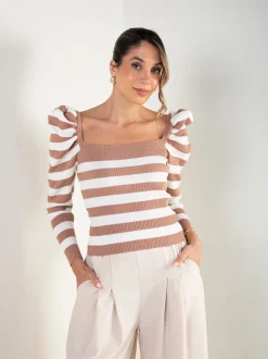 Camisola malha às riscas manga abalonada