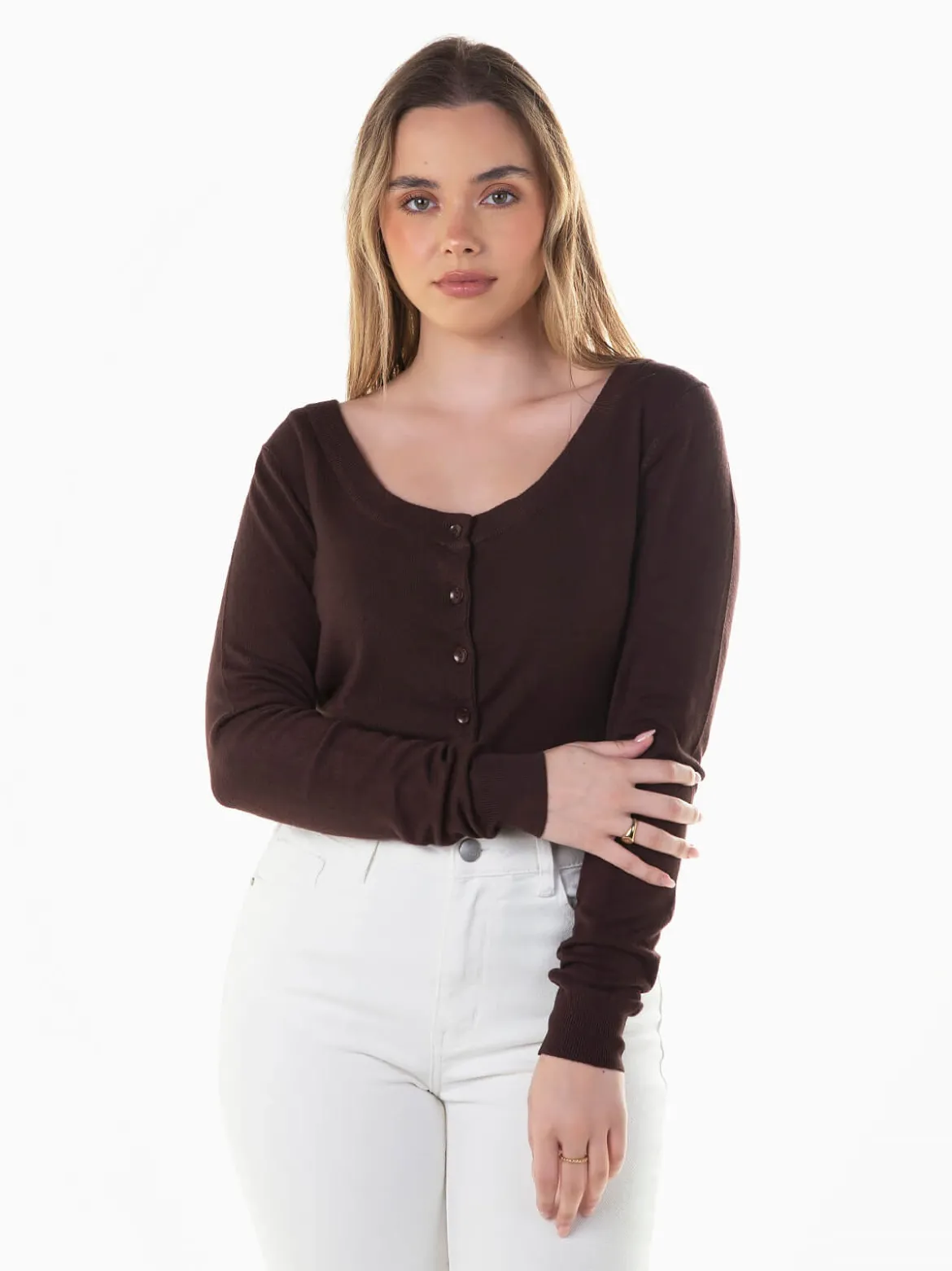 Casaco malha estilo bolero com botões