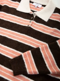 Polo malha às riscas castanho e rosa