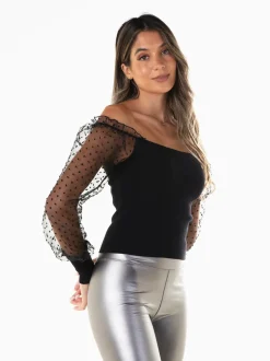 Top malha manga tule